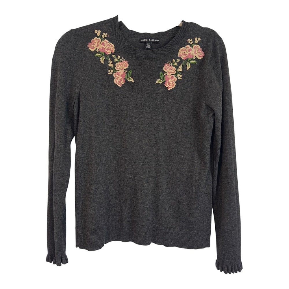 Cable & Gauge Womens Gray Floral Embroidered Ruffle Cuff Sweater Small RN 73163